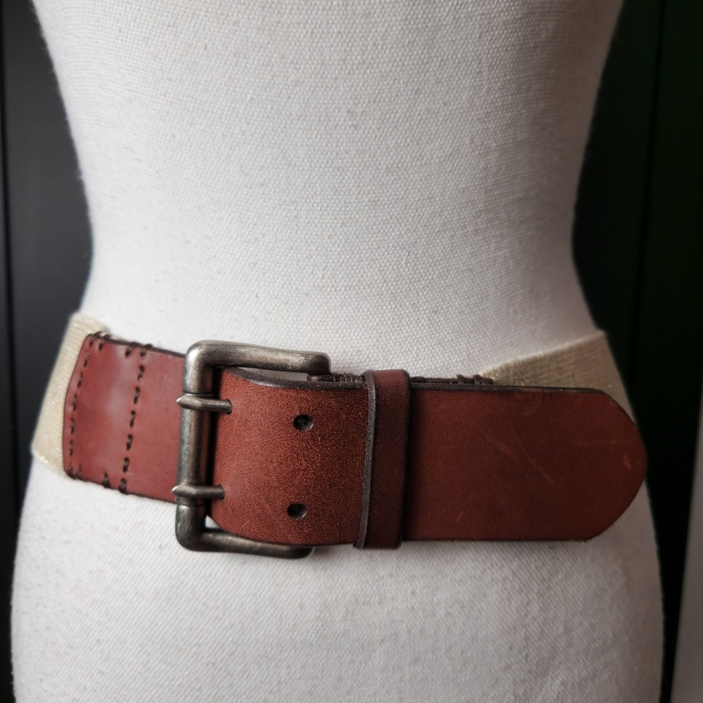 NWT$25 Stretch Belt Leather Brown Double Prong Nickel Buckle SZ L/XL